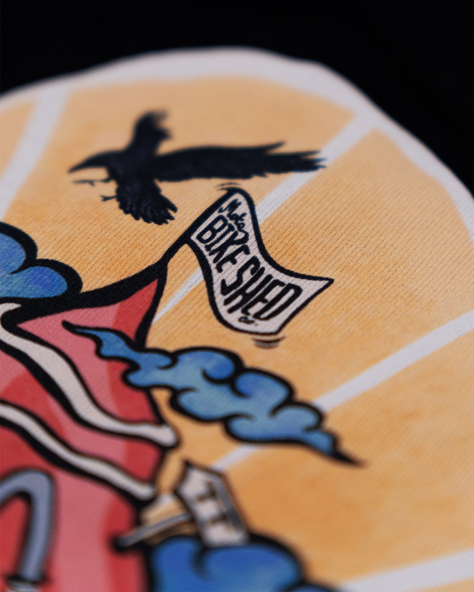 Black cotton t-shirt with mural motorcycle graphic detail