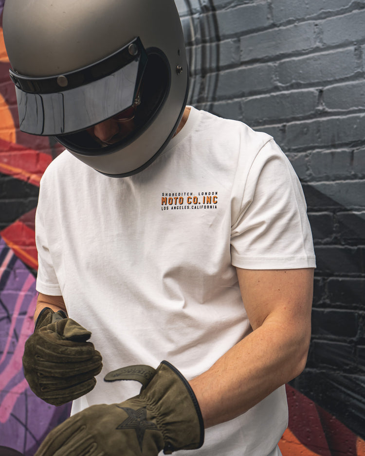 Steve wearing our BSMC Billboard T-Shirt - Off White