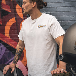 Steve wearing our BSMC Billboard T-Shirt - Off White