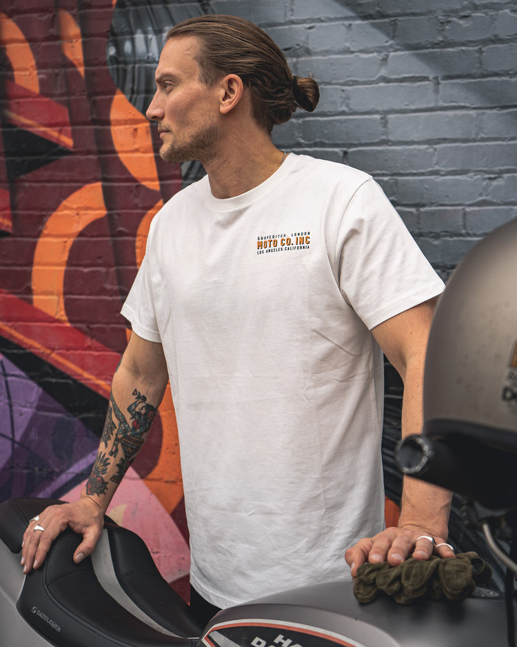 Steve wearing our BSMC Billboard T-Shirt - Off White