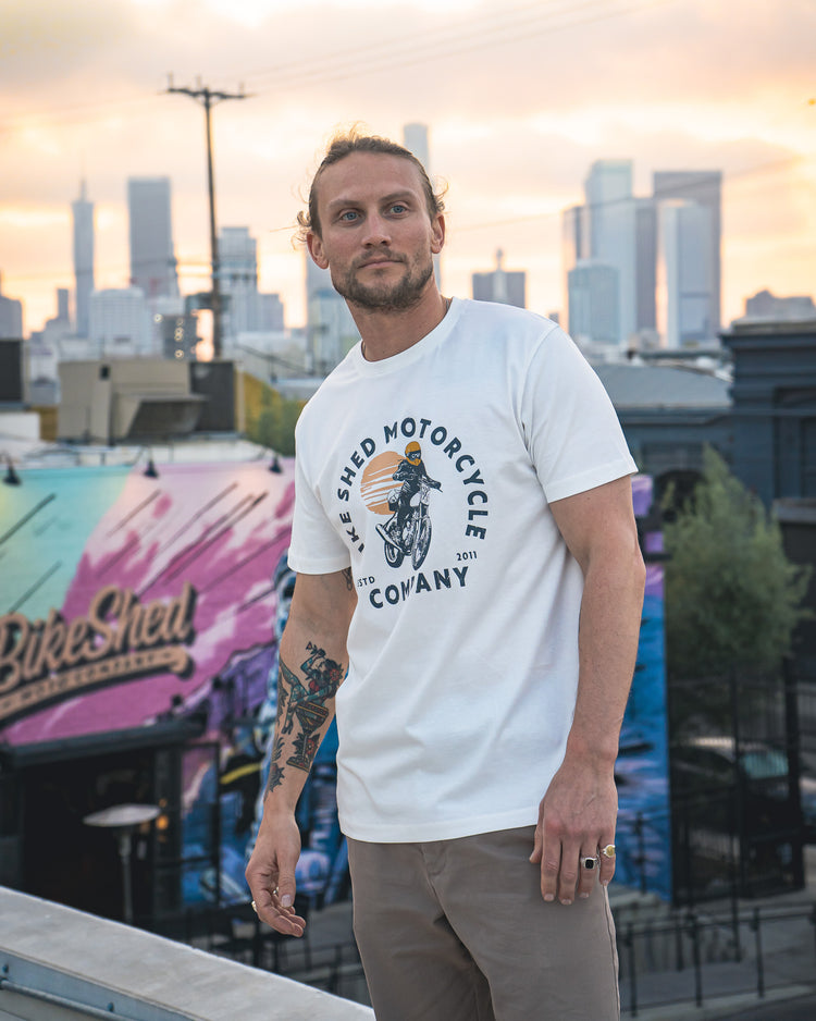 Steve wearing our BSMC Sunset T-Shirt - Off White