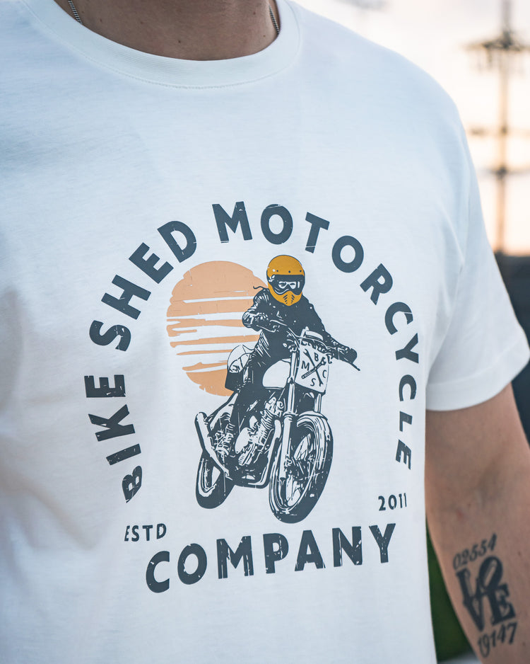 Steve wearing our BSMC Sunset T-Shirt - Off White