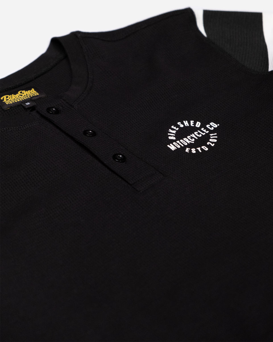 Rocker Long Sleeve Waffle Motorcycle Shirt - Black/Cream, logo close up