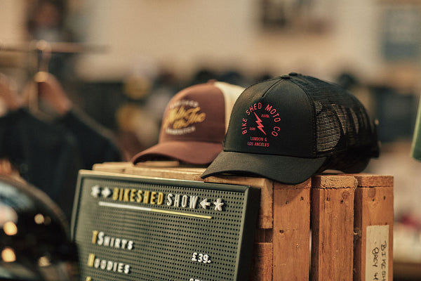 Bike Shed Moto Co Lightning Logo Baseball Hat - Black, merchandised at the show