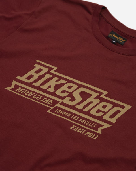 BSMC Steps T-Shirt - Burgundy - studio image logo print close up