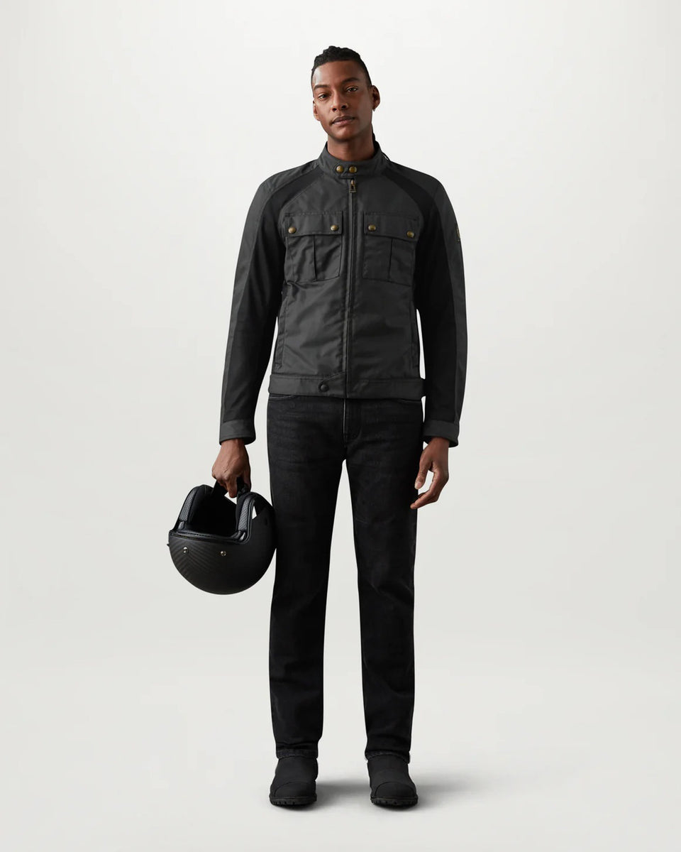 Belstaff Temple Waxed Cotton Jacket black worn by model on white background