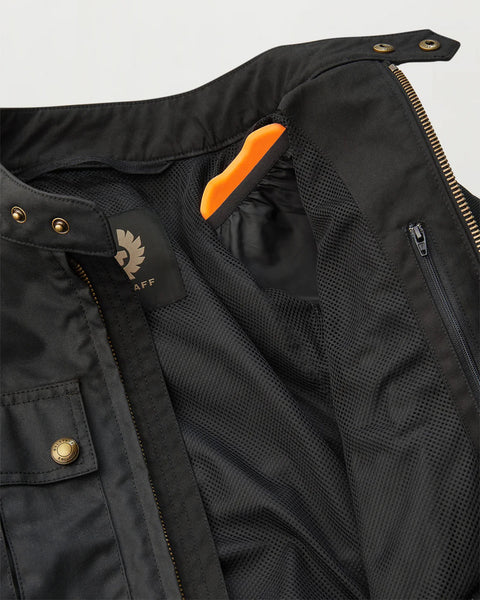 Belstaff Temple Waxed Cotton Jacket black interior close up with armor