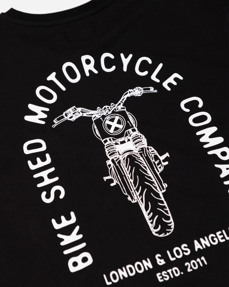 Bike Shed Motorcycle Company Graphic T-Shirt  - Black, back print close up