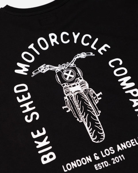 Bike Shed Motorcycle Company Graphic T-Shirt  - Black, back print close up