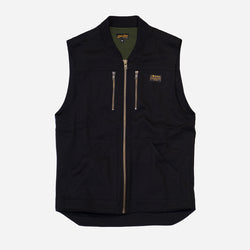 Bike Shed Moto Co Utility Vest Black, Green Lining on a white background.