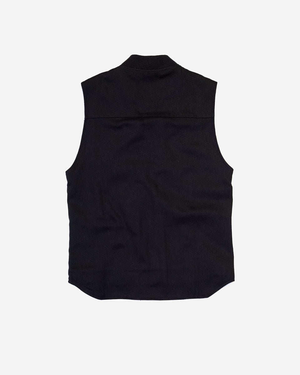 Bike Shed Moto Co Utility Vest Black, Green Lining on a white background.