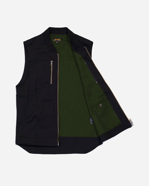 Bike Shed Moto Co Utility Vest Black, Green Lining on a white background.