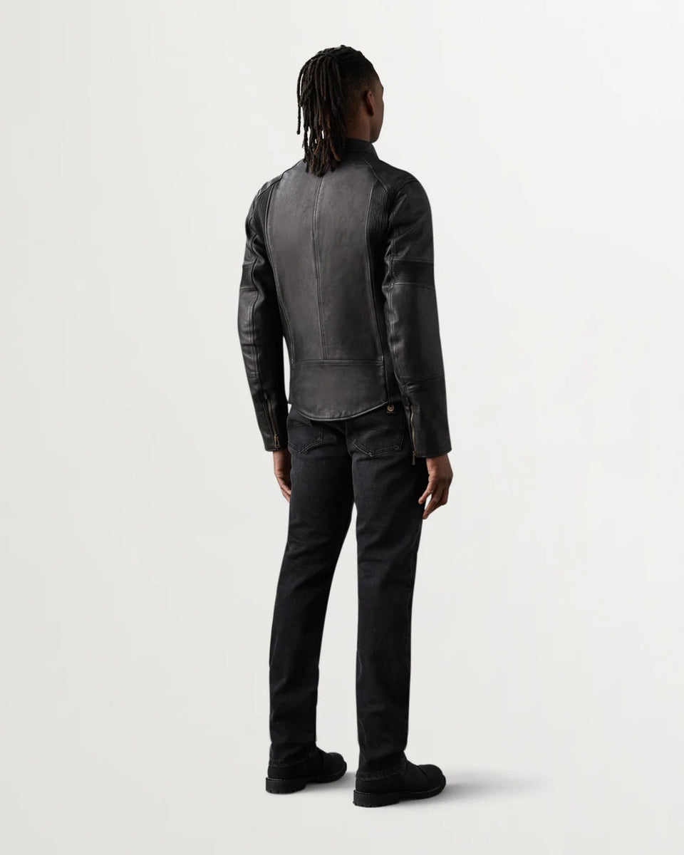 Belstaff Vanguard Jacket Black Washed Leather worn by model on white background