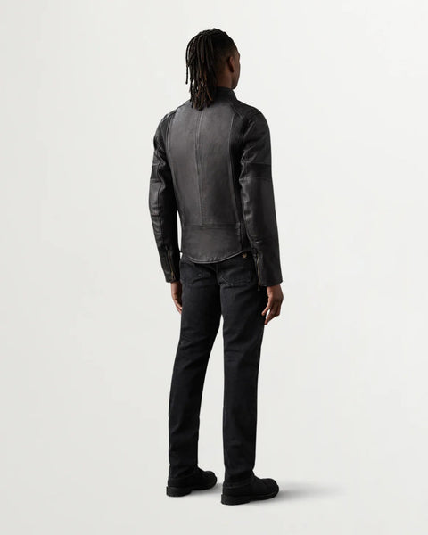 Belstaff Vanguard Jacket Black Washed Leather worn by model on white background