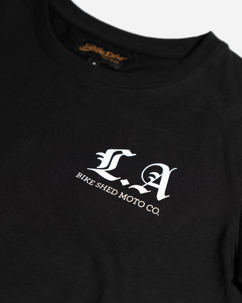 Womens Black LA Rocker Tee Logo Close Up