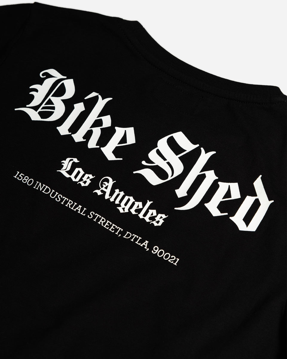 Womens Black LA Rocker Tee Back Logo Close Up