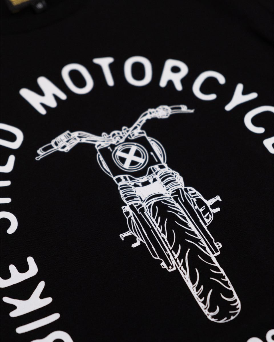 Bike Shed Motorcycle Co Womens Tracker Bars T-Shirt - Black, logo close up