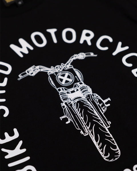 Bike Shed Motorcycle Co Womens Tracker Bars T-Shirt - Black, logo close up