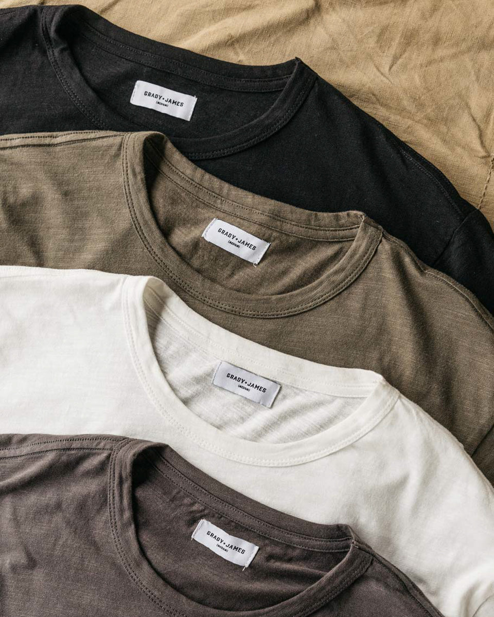 Grady + James - Austin Pocket Tee black, gray, olive & white product label close ups