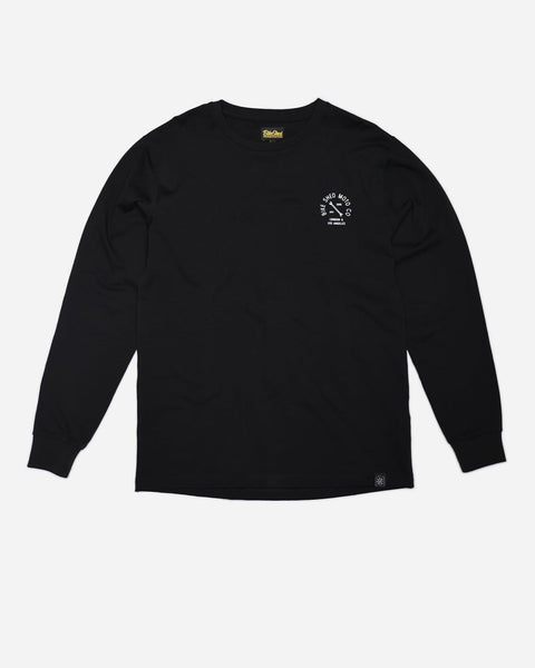 A long sleeve black T-shirt with a round neckline, featuring a front and back print. The front print is a logo, and the back print depicts an illustration of a motorcycle.