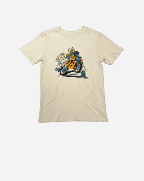 Kids Motorcycle Track Wolf Graphic T Shirt - Cream, front