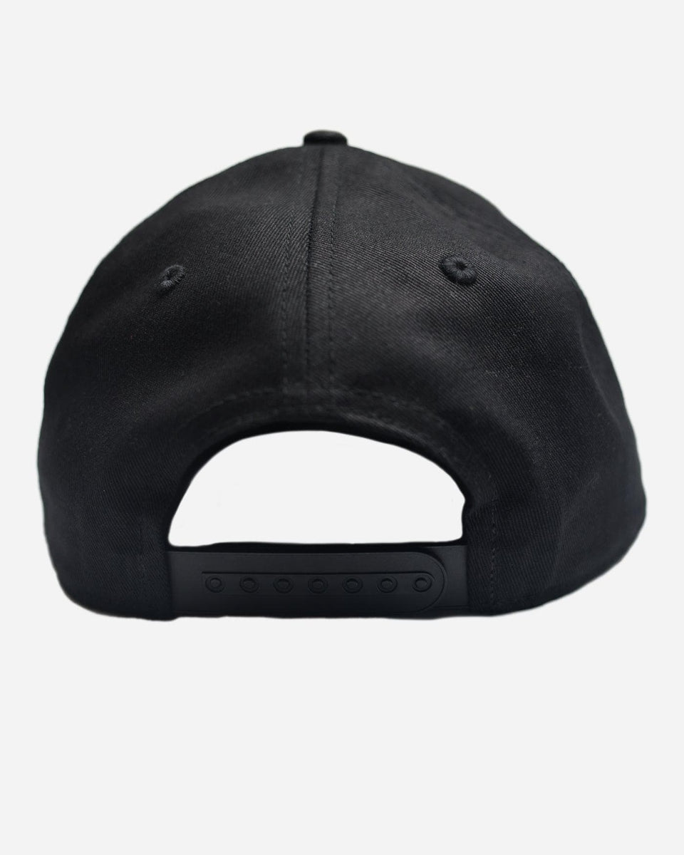 A black snapback baseball hat back