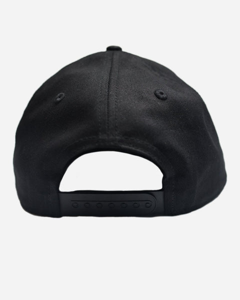 A black snapback baseball hat back