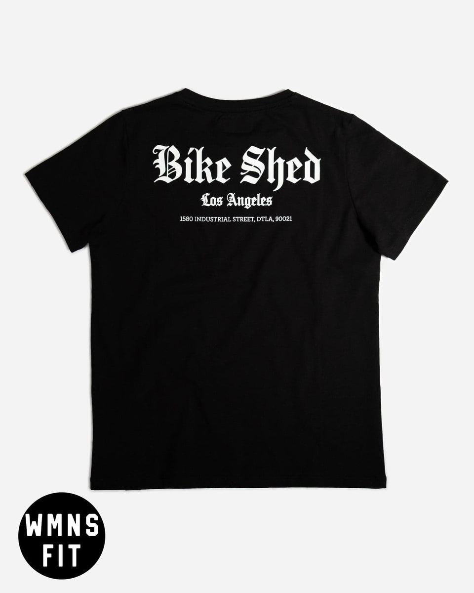 women's Black t-shirt with 'Bike Shed Los Angeles' text on a white background