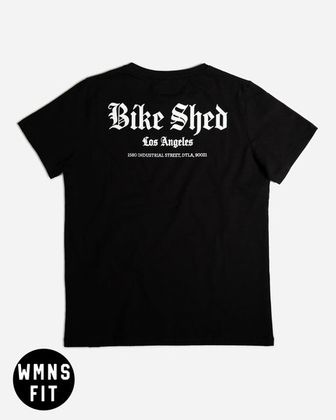 women's Black t-shirt with 'Bike Shed Los Angeles' text on a white background