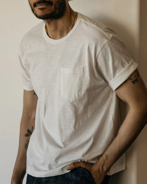 Grady + James - Austin Pocket Tee white worn by model indoors