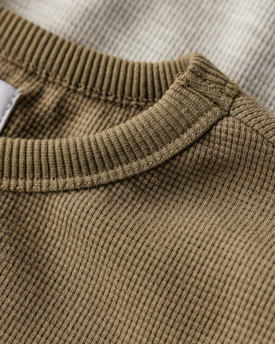 Grady + James - Nelson Thermal Crew khaki neckline detail close up