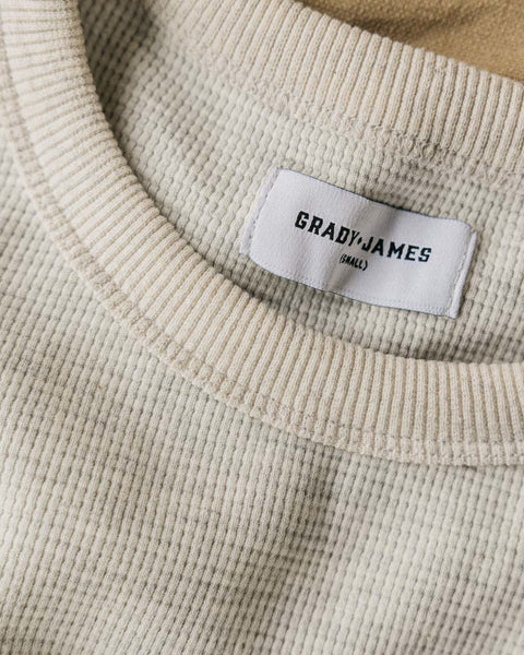 Grady + James - Nelson Thermal Crew heather gray label close up