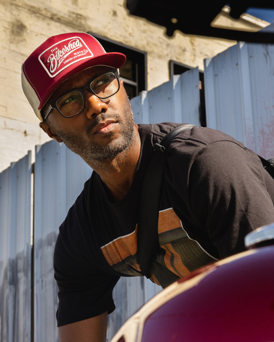 Model wearing our BSMC Inc. Cap - Burgundy & Cream