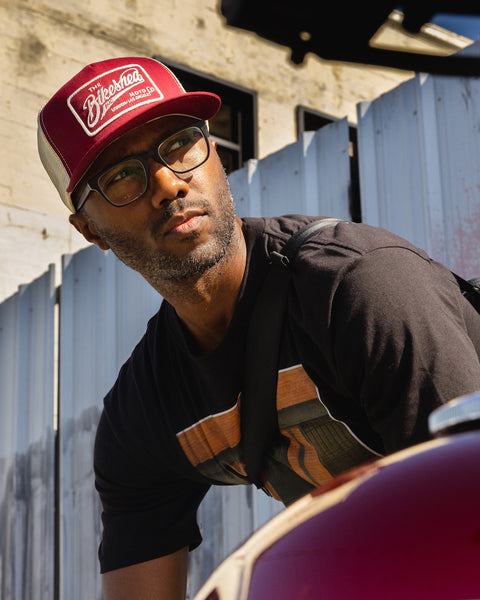 Model wearing our BSMC Inc. Cap - Burgundy & Cream