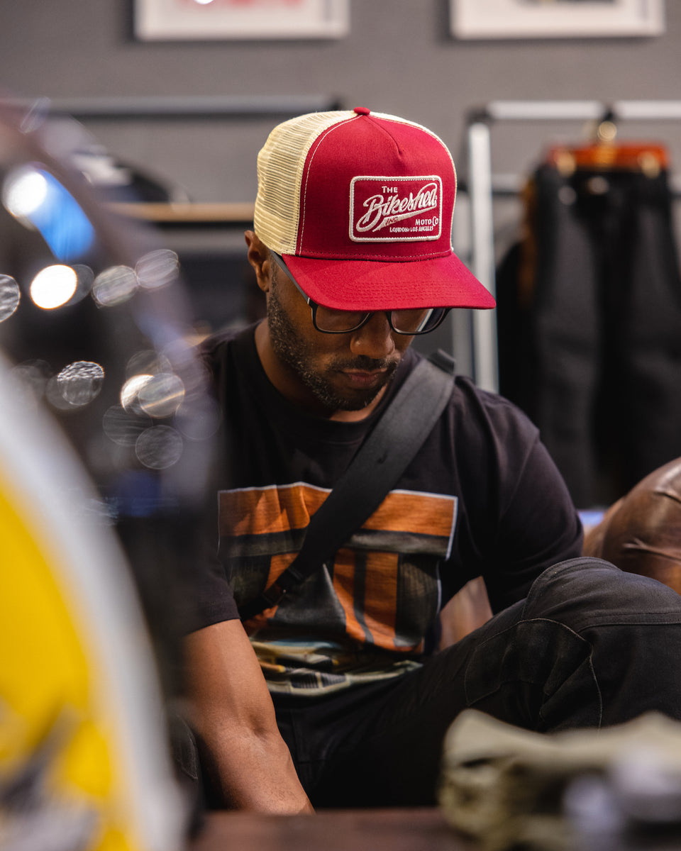 Model wearing our BSMC Inc. Cap - Burgundy & Cream