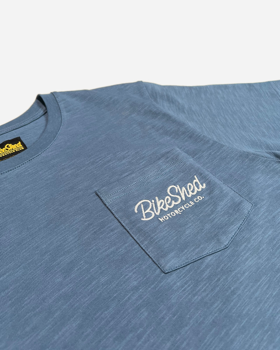 Bike Shed Motorcycle Co. Embroidered Pocket T Shirt - Blue, pocket close up