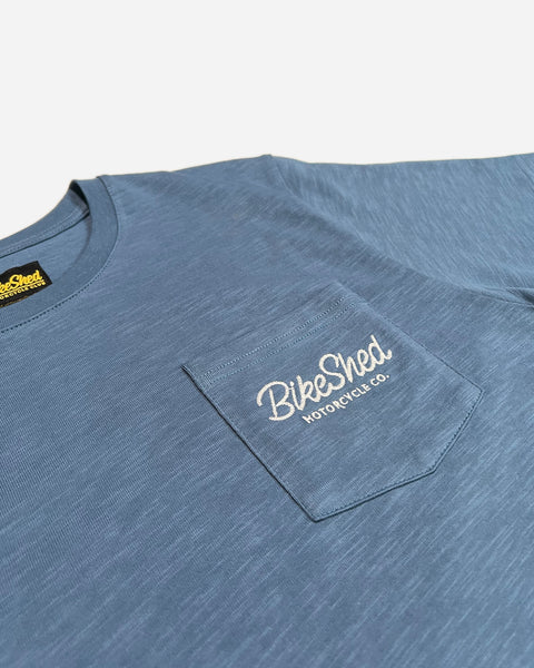 Bike Shed Motorcycle Co. Embroidered Pocket T Shirt - Blue, pocket close up