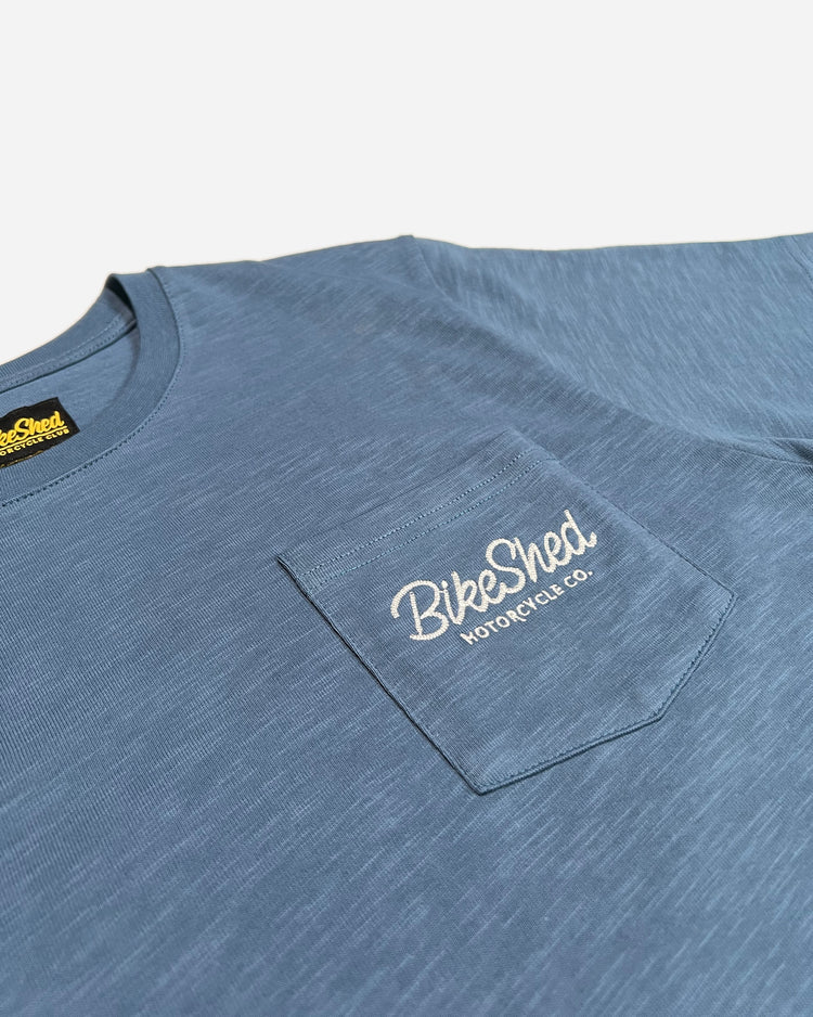 BSMC Chain T Shirt - Blue, pocket close up
