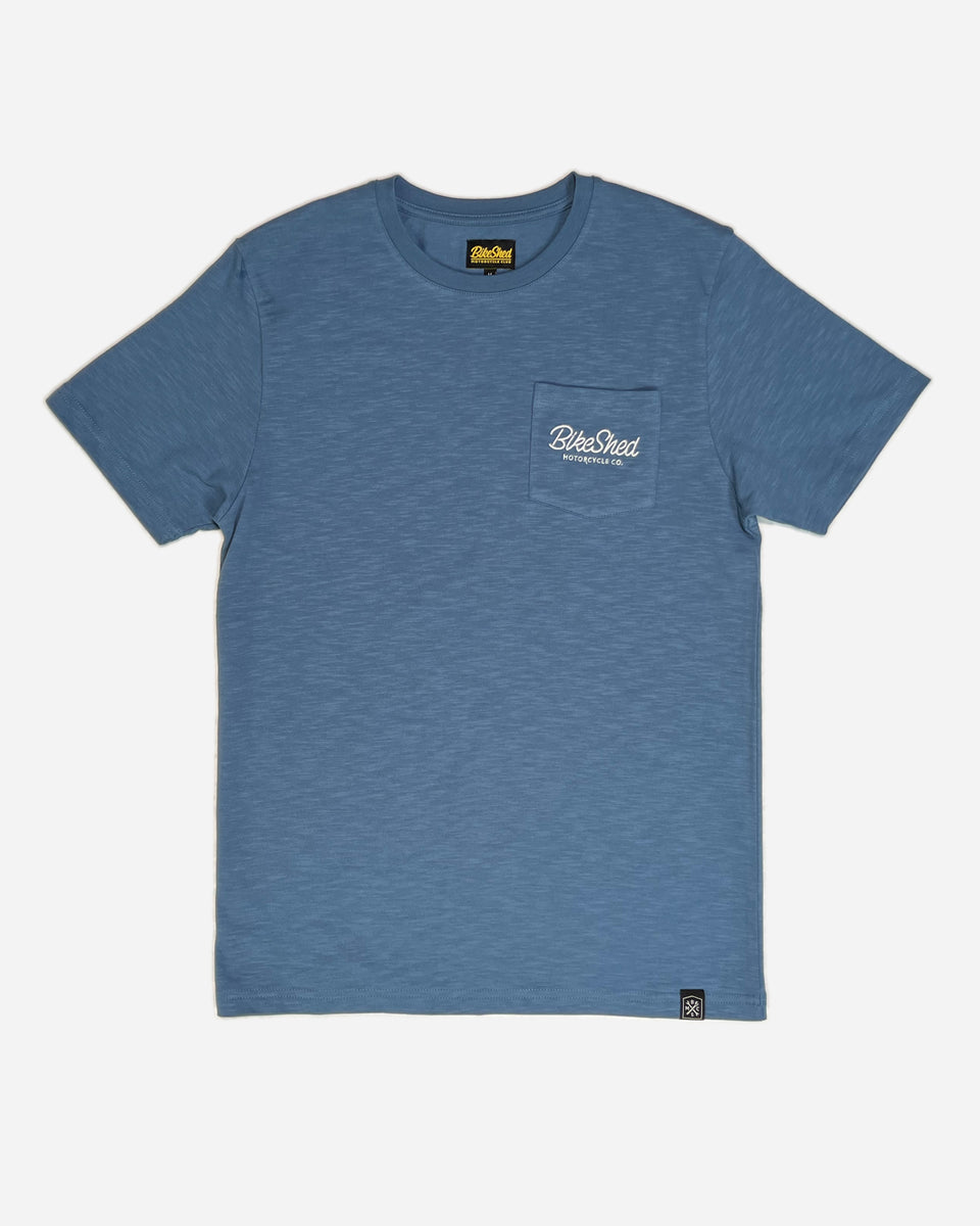 Bike Shed Motorcycle Co. Embroidered Pocket T Shirt - Blue, front