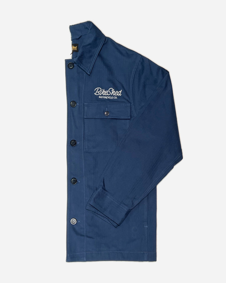 BSMC Chain Stitch Chore Jacket - Blue, half folded with sleeves showing