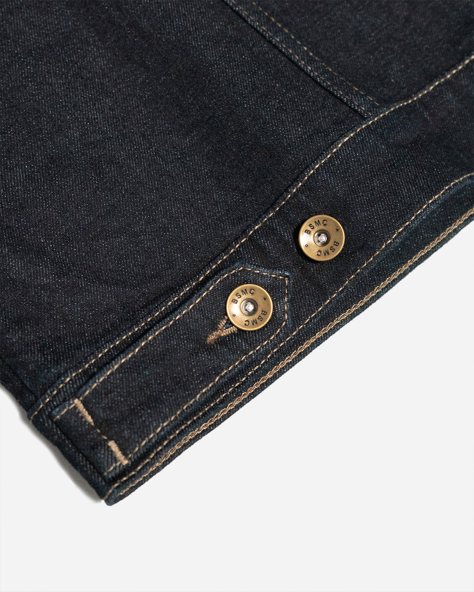 BSMC Denim Jacket - Resistant Indigo, rear buttons on wait close up