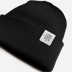 BSMC Simple Beanie - Black, side on close up