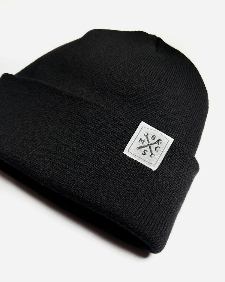 BSMC Simple Beanie - Black, side on close up