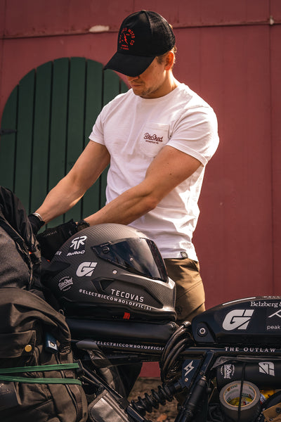 Harry with his Super73 wearing our BSMC Logo Chain embroidered T Shirt - Off White