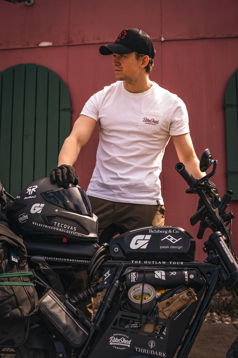 Harry with his Super73 wearing our BSMC Logo Chain embroidered T Shirt - Off White