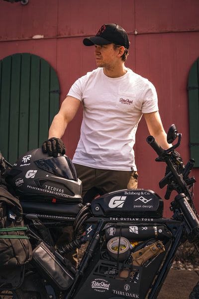 Harry with his Super73 wearing our BSMC Logo Chain embroidered T Shirt - Off White