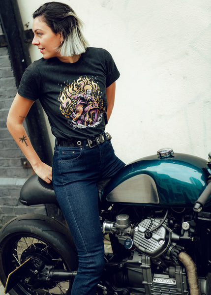Model wearing our BSMC Women's Speed Demon Graphic T-Shirt - Washed Black on a Honda CX500
