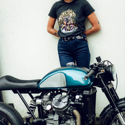 Model wearing our BSMC Women's Speed Demon T-Shirt - Washed Black