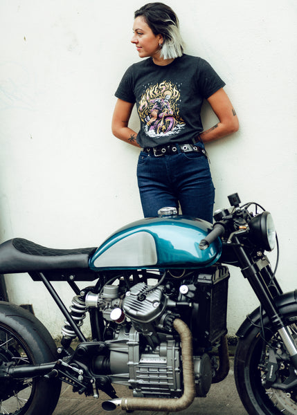 Model wearing our BSMC Women's Speed Demon Graphic T-Shirt - Washed Black