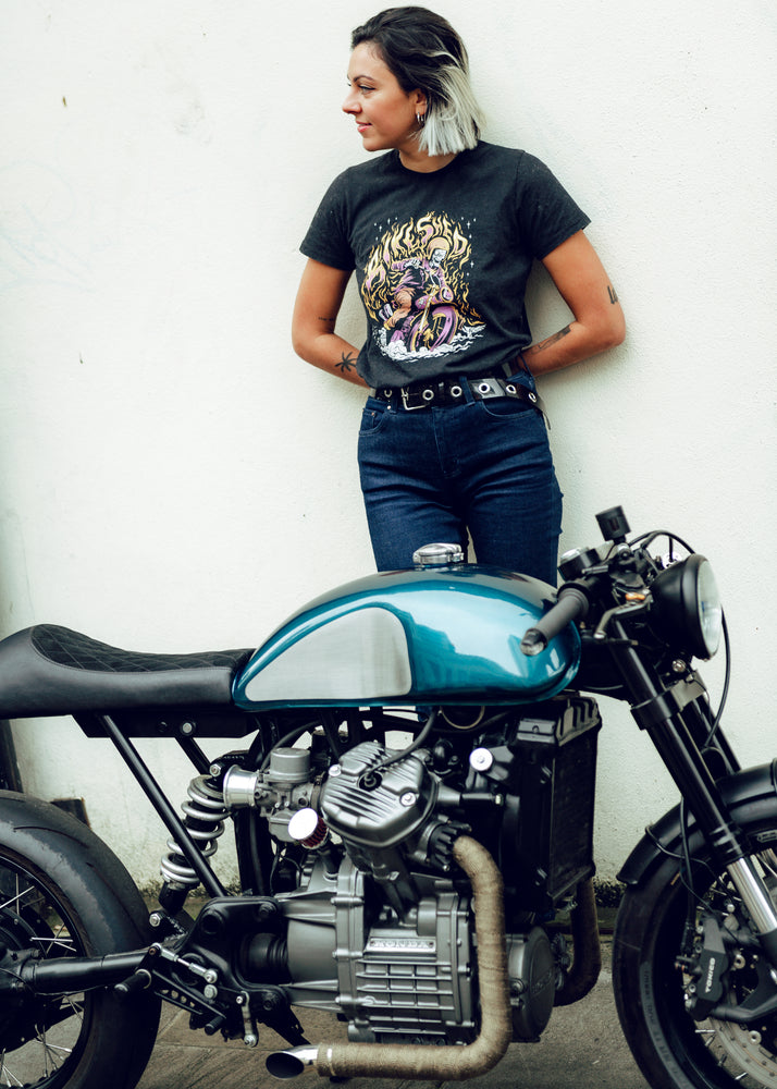 Model wearing our BSMC Women's Speed Demon T-Shirt - Washed Black